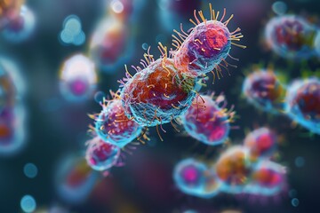 A digital illustration Neisseria gonorrhoeae bacterium, magnified against a blue backdrop. Gonorrhoea is a common sexually transmitted infection caused by a type of bacteria. - obrazy, fototapety, plakaty