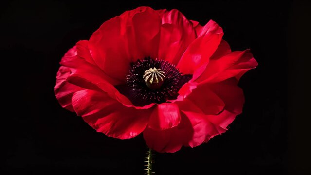 Red poppy flower on black background. Remembrance Day, Armistice Day, Anzac day symbol, floral, flora, blossom, closeup, garden, bloom,