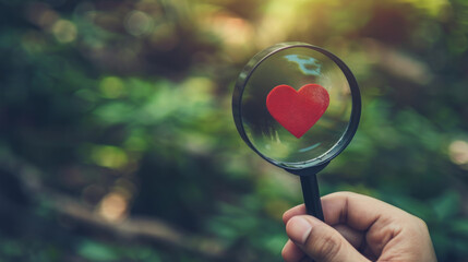 Hand holding a magnifying glass, seeking love symbolized by a heart shape icon, illustrating the pursuit of finding a romantic relationship