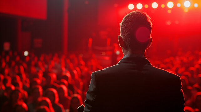 Businessman in suit  addressing crowd, back view. Ted speaker in red lights