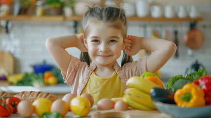 Fototapeta na wymiar A young girl is smiling and holding her arms up in the air while standing in front of a table full of vegetables