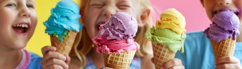 The joyful laughter of children echoes as they enjoy cones of pastel rainbow ice cream, each lick revealing a new layer of delightful color no dust - obrazy, fototapety, plakaty