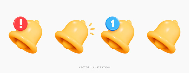 3D Notification bell set icon. New incoming inbox message. Social media reminder. Subscribe notice. Important news. Push notification. Cartoon creative design icon isolated on white. 3D vector objects
