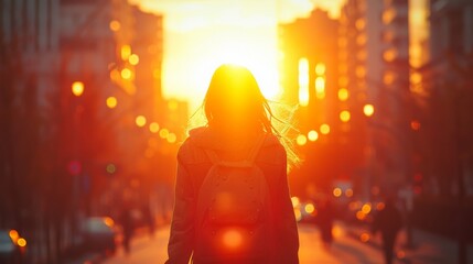 Urban sunset silhouette of woman walking down city street with sun in background