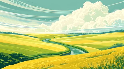 Yellow and green field river illustration poster background