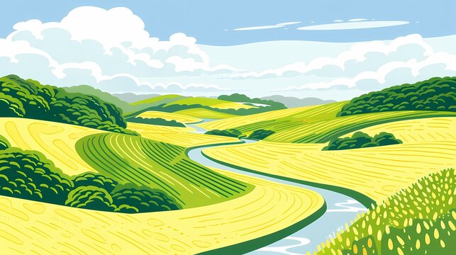 Yellow and green field river illustration poster background
