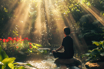 A peaceful garden scene with a person engaging in visualization exercises, envisioning themself on positivity to cultivate mental well-being. - obrazy, fototapety, plakaty