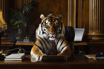 A tiger working with a laptop in front of him, leadership concept. - 782109683