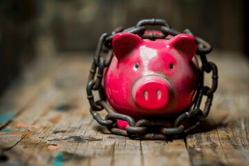 A close up shot of a piggy bank tied with a chain, determination to save money, financial resilience concept.