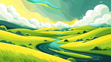 Tuinposter Yellow and green field river illustration poster background © jinzhen
