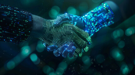 Virtual handshake transferring digital assets blue and green coding symbols tech background. - 782109866