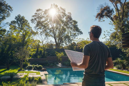 A man holding architectural drawings, standing in front of a pool with a garden and trees in the background.