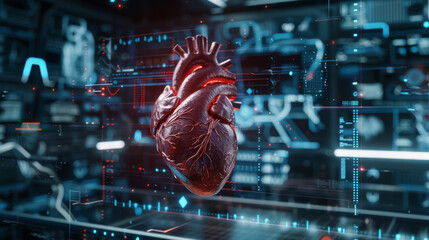 Holographic heart model with medical charts and graphs in the background, cardiac research and diagnostics concept. - 782110013