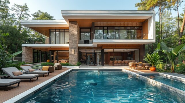 photo of modern house with a pool in the summer