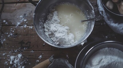 The comforting process of making milk from powder, its warm, creamy texture a nostalgic ode to the past, becomes a cherished ritual low noise - obrazy, fototapety, plakaty
