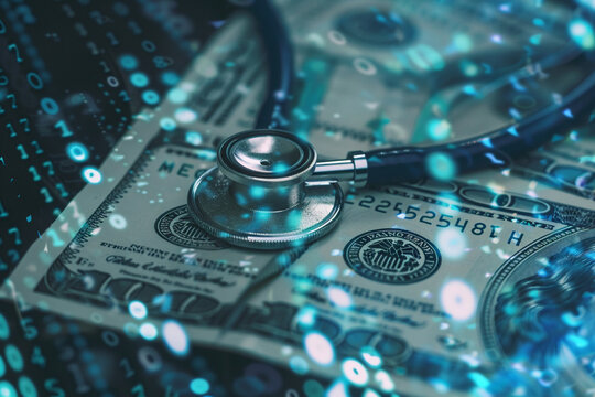 technology background overlaid with binary code, US dollars, and a stethoscope, conveying the monetary aspects of healthcare technology and its impact on patient care,