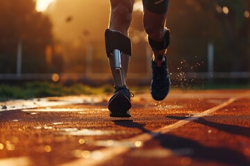 Healthy lifestyle. Legs of man in sport shoose taking run on warm autumm day. Beautiful simple AI generated image in 4K, unique. - obrazy, fototapety, plakaty