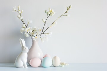 A serene Easter setup with pastel-colored eggs, a white rabbit statuette, and a vase of spring flowers