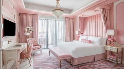 Fototapeta na wymiar Soft and dreamy, the room is touched by whimsical pink accents, from the fluttering curtains to the plush pillows, creating a haven of calm and delight no splash