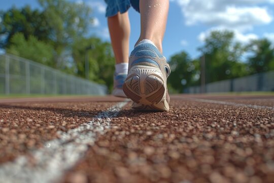 A womans legs walking on a road close up a running track.. Beautiful simple AI generated image in 4K, unique.