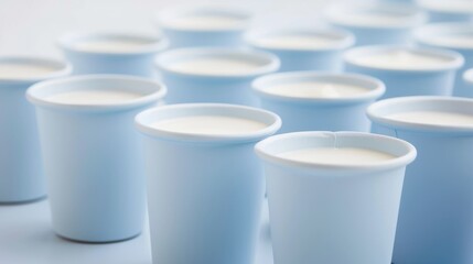 Soft blue cups lined up, filled with milk alternatives, stand as a silent nod to those with allergies, blending sensitivity with inclusion no dust