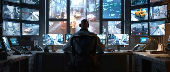 A security guard sat at his desk, surrounded by multiple monitors displaying real-time vehicle location and footage from the smart car scenes of all vehicles on their network