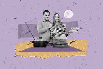 Composite photo collage of young happy couple cook dinner pan pot hug family romantic evening isolated on painted background
