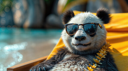 A panda bear wearing sunglasses and a flower necklace sits in a lounge chair by a pool.