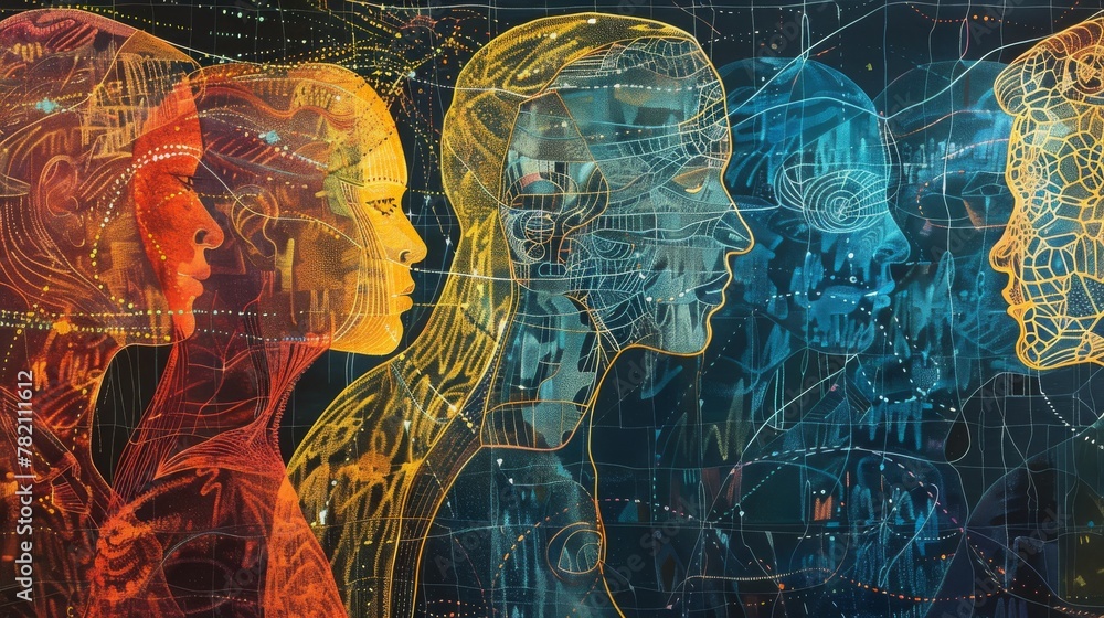 Aufkleber futuristic visualization of human connection with glowing neural networks and faces