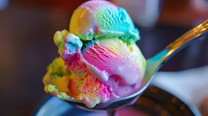 On a lazy afternoon, a single spoonful of pastel rainbow ice cream brings a joyful pause, the colors melting together in a dance of flavor no dust