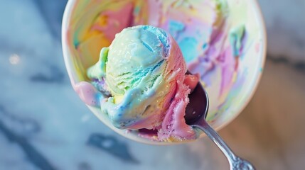 On a lazy afternoon, a single spoonful of pastel rainbow ice cream brings a joyful pause, the colors melting together in a dance of flavor no dust