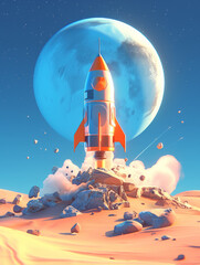 3D cartoon spaceship being launched - obrazy, fototapety, plakaty