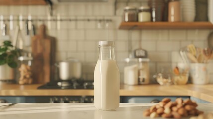 On a cozy kitchen shelf, a carton of almond milk sits, its contents smooth and of a comforting light beige, ready to enrich any meal hyper realistic - obrazy, fototapety, plakaty