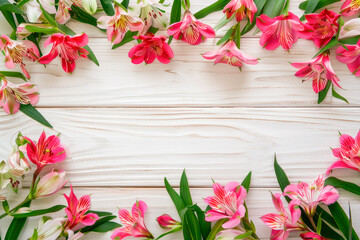 Alstroemeria flowers on a white wooden table in a flat lay composition. Copy space.