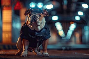 A Bulldog in a security guard uniform with a flashlight and walkie-talkie - obrazy, fototapety, plakaty