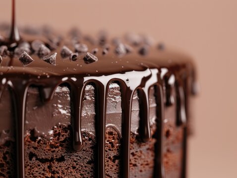 Detail of a chocolate glaze dripping down the sides of a cake
