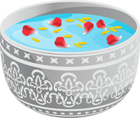 Scented water with flower petals in traditional silver bowl for Thai Songkran festival, no background graphic element