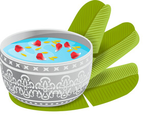 Scented water with flower petals in traditional silver bowl for Thai Songkran festival, no background graphic element