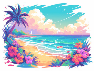 Fototapeta na wymiar Colorful tropical beach illustration