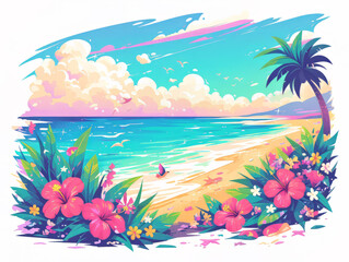 Fototapeta na wymiar Colorful tropical beach illustration