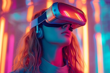 Woman immersed in virtual reality experience surrounded by vibrant neon lights in futuristic setting