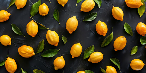 Yellow lemons with green leaves on a dark background. Lemon pattern wallpaper.