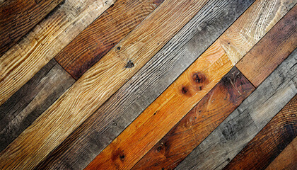 Diagonal wooden planks showcasing varied shades, natural patterns, and rustic charm.
