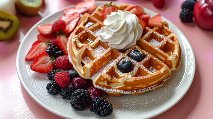 A plate of waffles and berries with whipped cream on top. The plate is on a pink background