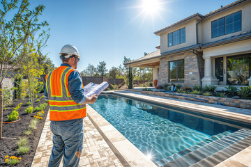 A man wearing a hard hat and orange vest stands in front of a house with a swimming pool, holding architectural drawings. - Powered by Adobe