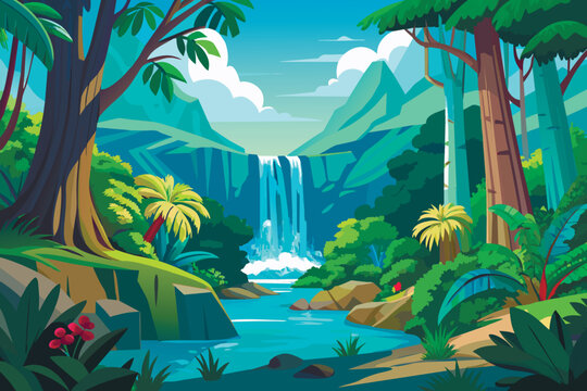 tropical landscape. deserted island with mountains and a big waterfall in the background.