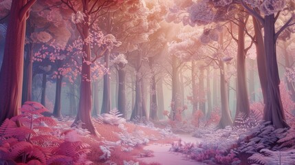 In the heart of a whimsical forest, the trees whisper secrets in shades of soft pink, creating a dreamy sanctuary where fantasy and reality merge hyper realistic