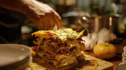In the crafting of a lasagna, layers of cheese in vibrant warm yellows meld together, promising a dish where every bite is a discovery hyper realistic - obrazy, fototapety, plakaty