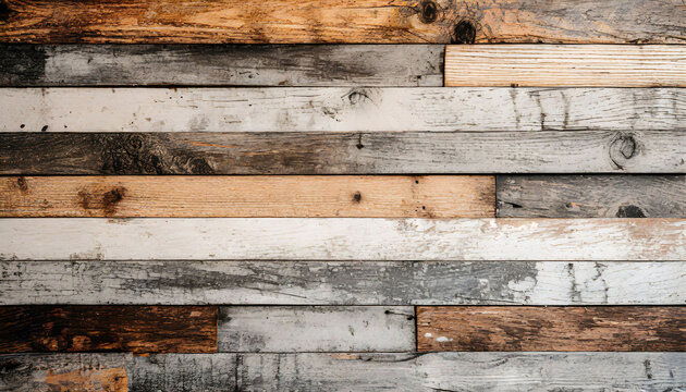 Multicolored reclaimed wood planks form a textured, rustic background. Horizontal align.