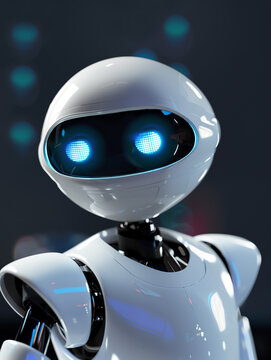 Portrait jusqu'au torse d'un robot humanoïde au corps blanc, le visage noir et des yeux matriciels bleus sur fond sombre.
